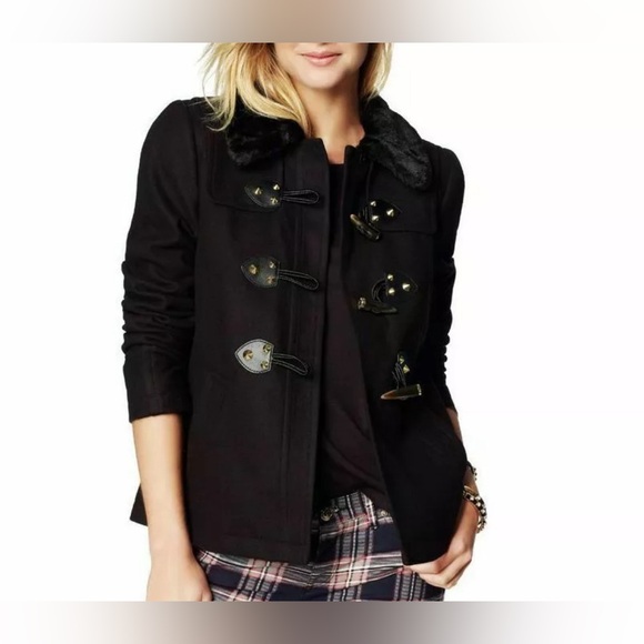 $348 JUICY COUTURE WOOL SHORT SWING TOGGLE COAT JACKET PITCH BLACK - Picture 2 of 9